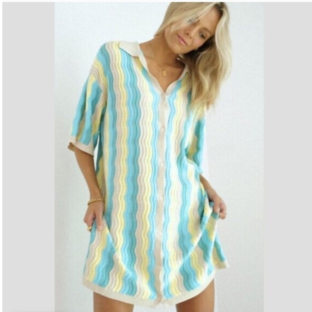 Yllw the Label Women's Felix Knit Dress Tropic Stripe Button Front Mini- S/M